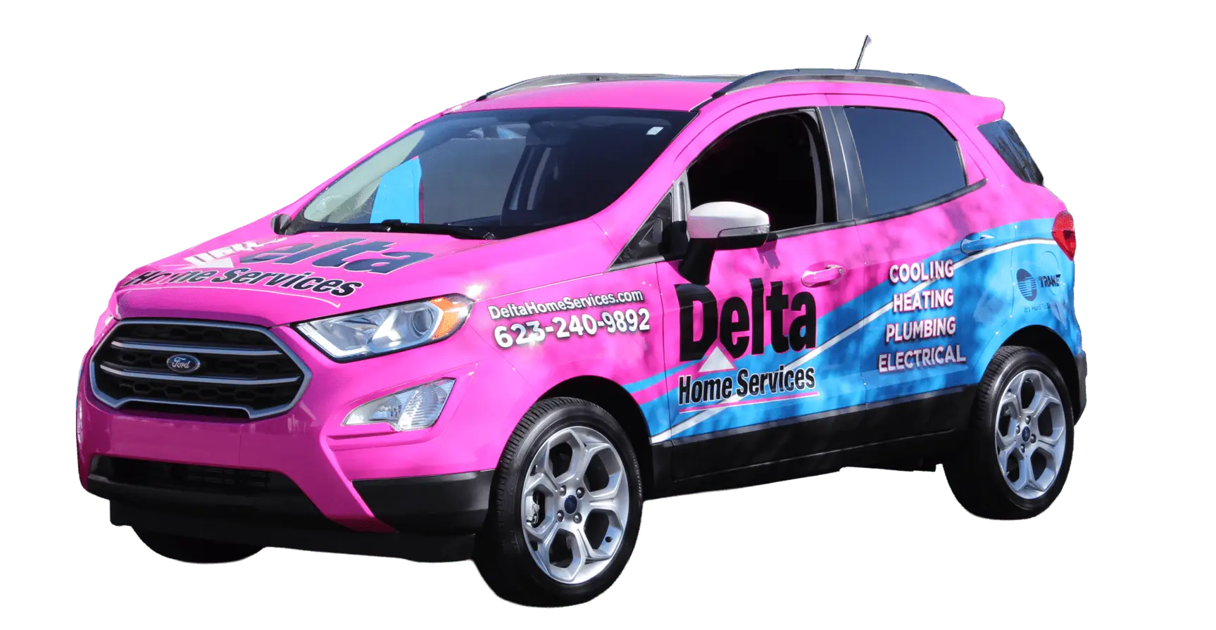 Delta Home Services pink and blue HVAC service van