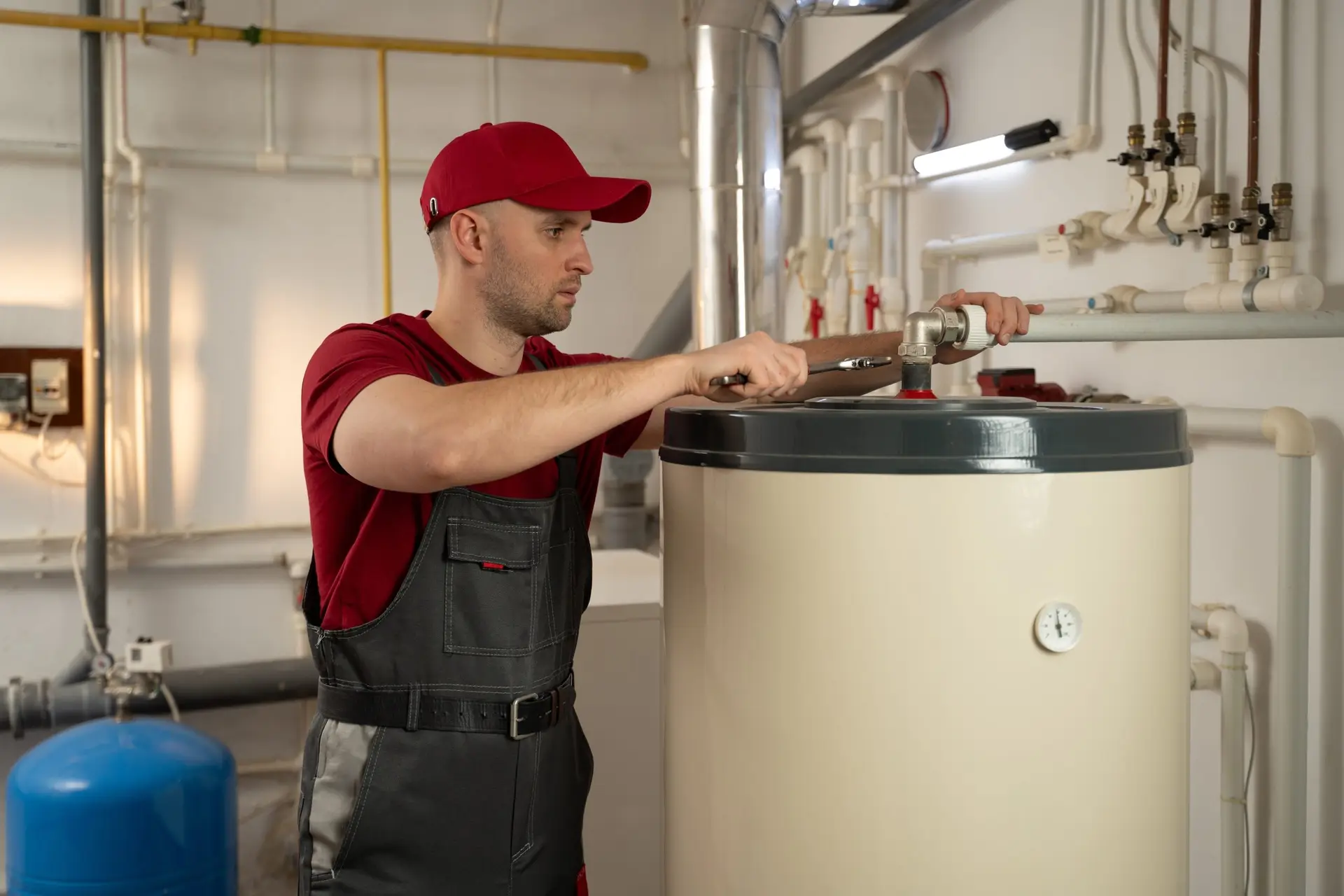 Plumber servicing a residential water heater